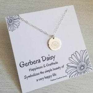 Gerbera Daisy Necklace, Gift for Best Friend, Dainty Disc Charm Necklace, Hand Stamped Jewelry, Wild Flower Necklace, Inspirational Gift