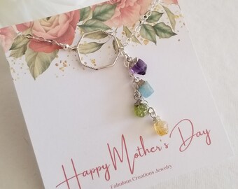 Custom Birthstone Necklace, Rough Gemstone Necklace, Mothers Day Jewelry, Gift for Mom, Family Tree Necklace, Birthstone Cascade Necklace