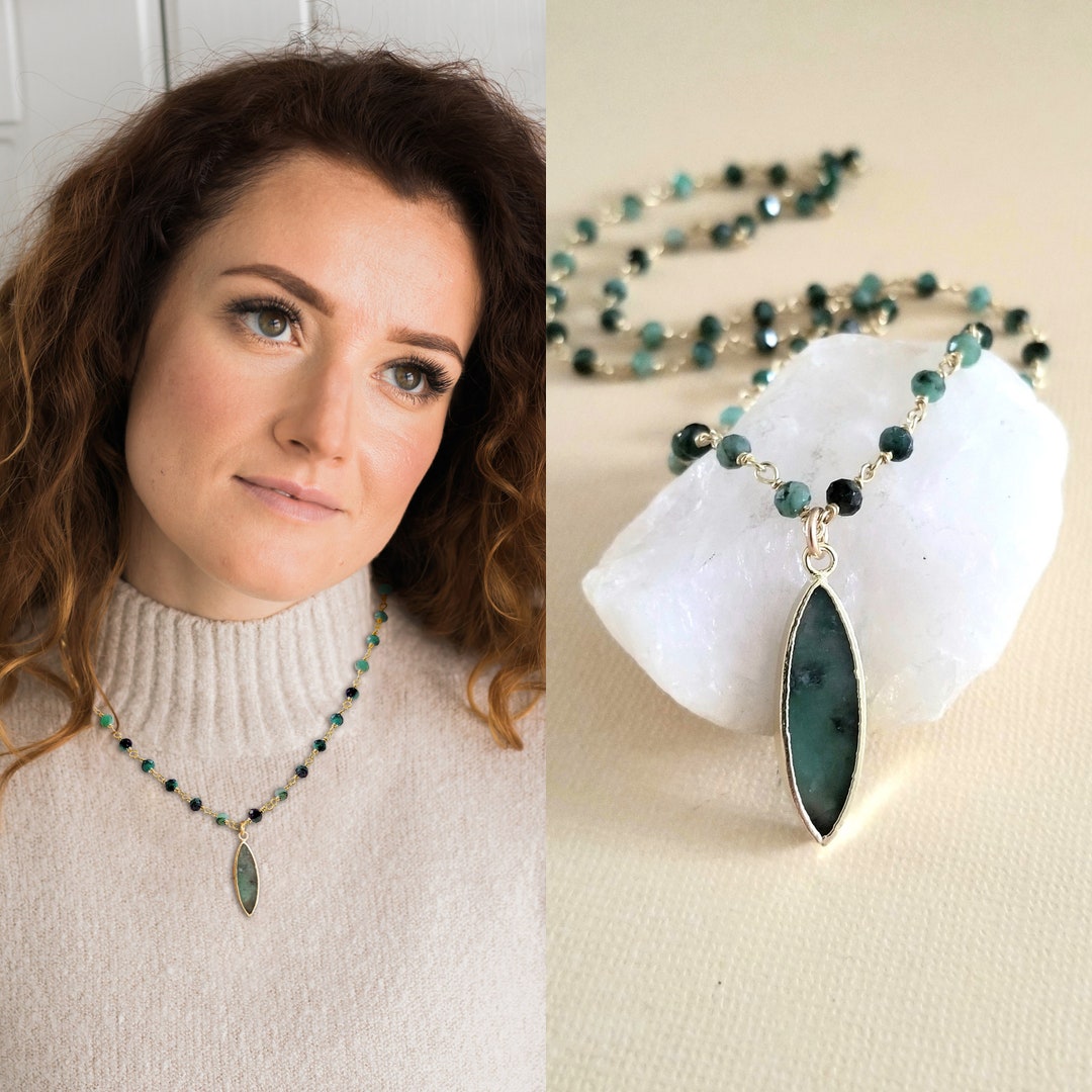 Raw Emerald Necklace, Beaded Emerald Chain Necklace, Emerald Pendant