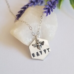Bee Happy Necklace, Honey Bee Charm Necklace, Bee Jewelry, Gift for Her, Stamped Necklace, Bee Lover Gift, Bumble Bee Charm