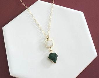 Emerald Necklace, Moonstone and Emerald Pendant, Gold Chain Necklace, Raw Emerald Crystal Necklace, Gemstone Necklace, Gift for Her