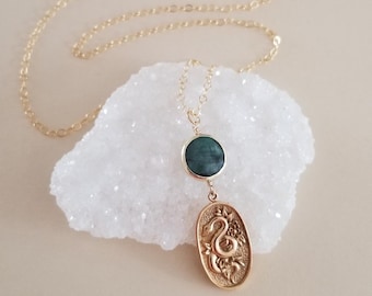 Gold Emerald Snake Necklace, Snake Pendant Necklace, Emerald Stone Necklace, Talisman Jewelry, Bronze Snake and Flower Pendant