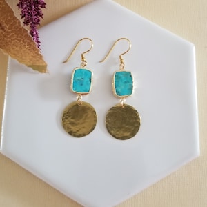 Turquoise Earrings, Gold Turquoise Dangle Earrings, Gold Hammered Earrings, Turquoise Jewelry, Handmade Turquoise Drop Earrings, Christmas Gift for Her