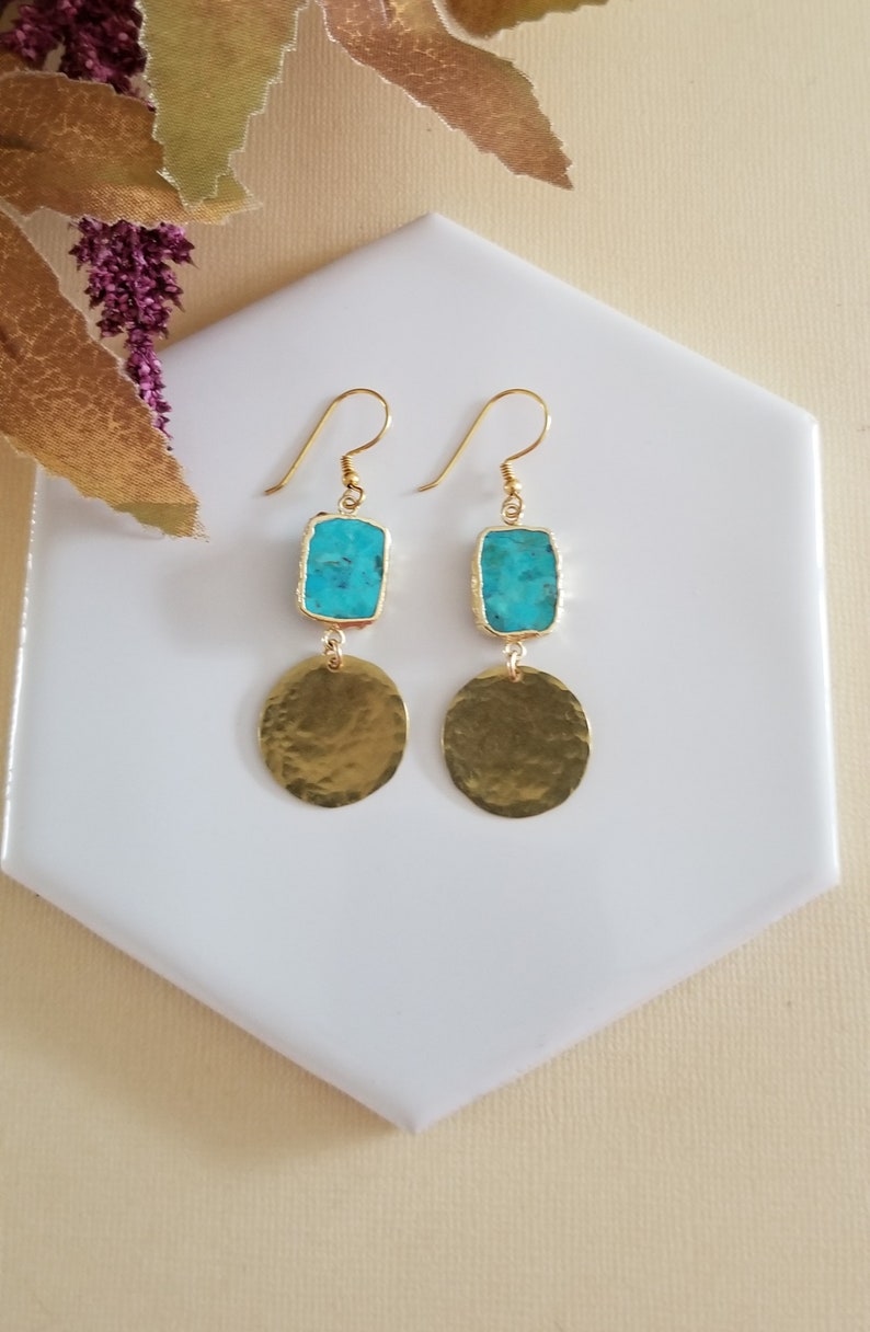 Turquoise Earrings, Gold Turquoise Dangle Earrings, Gold Hammered Earrings, Turquoise Jewelry, Handmade Turquoise Drop Earrings, Christmas Gift for Her