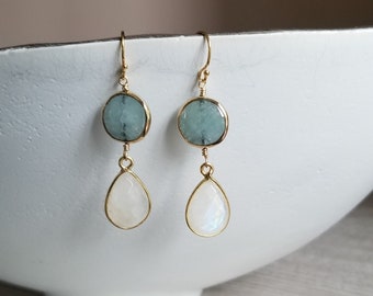 Gold Aquamarine and Moonstone Earrings, Dainty Statement Earrings, Moonstone Teardrop Earrings, Natural Gemstone Dangle Earrings
