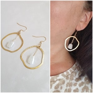 Moonstone Earrings, Gold Moonstone Hoops, Boho Hoops, Organic Free Form Hoop Earrings, Statement Earrings, Moonstone Hoop Earrings