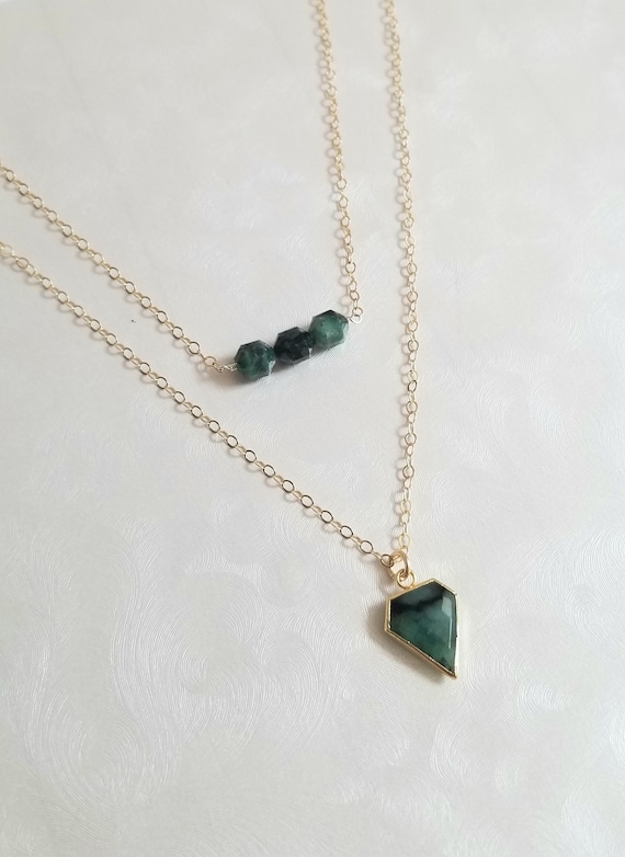 Emerald Necklace Set, Two Piece Necklace Set, Layering Necklaces, Gold Emerald Pendant Necklace, Emerald Choker, Emerald Bar Necklace