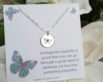 Butterfly Necklace, Custom Stamped Disk, Gift for Best Friend, Simple Layering Necklace, Sterling Silver Disc Necklace, Gift for Sister