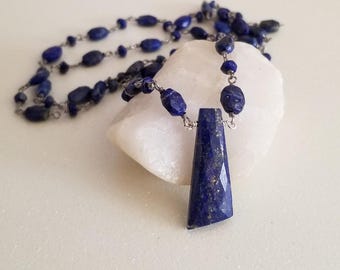 Natural Lapis Lazuli Necklace, Lapis Lazuli Pendant Necklace, Blue Gemstone Beaded Necklace, Boho Stone Necklace, Statement Necklace