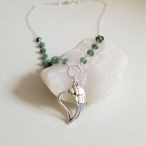 Raw Emerald Angel Wing Heart Necklace, Dainty Choker, Boho Stone Jewelry, Gift for Best Friend, Rosary Chain, As Seen on Riverdale