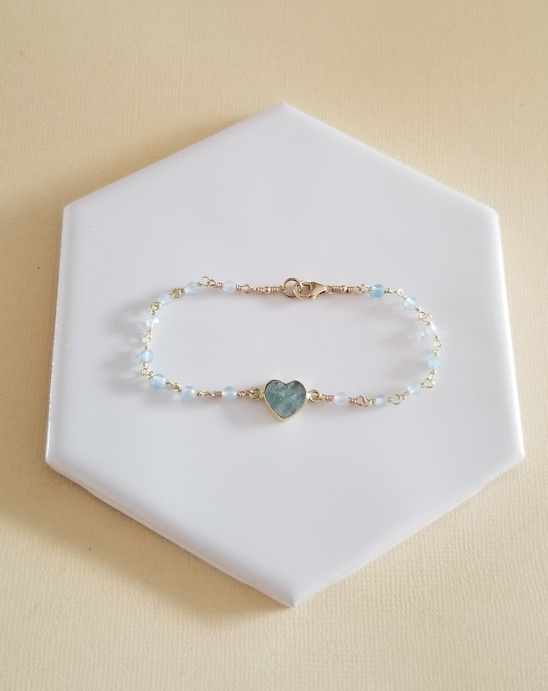 Aquamarine Bracelet, Dainty Heart Bracelet, Boho Gemstone Beaded Bracelet, Heart Jewelry, Dainty Aquamarine Bracelet, Rosary Chain Bracelet