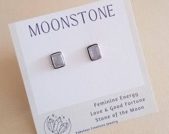 Moonstone Studs, Moonstone Post Earrings, Crystal Stud Earrings, Gift for Mom, Dainty Moonstone Earrings, Holiday Gift for Her, Pollyanna