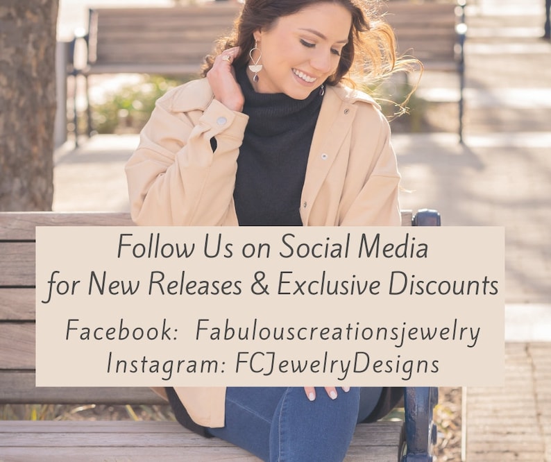 May include: A black roll-neck jumper worn under a beige button-down shirt, paired with blue jeans and gold-toned geometric drop earrings. Text overlay reads: Follow Us on Social Media for New Releases & Exclusive Discounts Facebook: Fabulouscreationsjewelry Instagram: FCJewelryDesigns