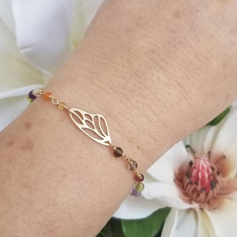 Beaded Gemstone Chain Bracelet with Butterfly Dainty Layering Bracelet Boho Stone Jewelry Gold Butterfly Wing Bracelet Gift for Her
