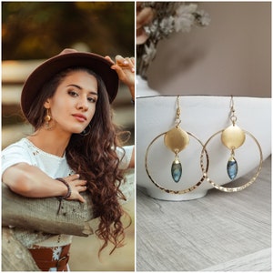 Labradorite Earrings, Gold Hoop Earrings, Boho Hoops, Gemstone Dangle Earrings, Bohemian Statement Earrings, Labradorite Jewelry, Boho Bride