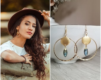 Labradorite Earrings, Gold Hoop Earrings, Boho Hoops, Gemstone Dangle Earrings, Bohemian Statement Earrings, Labradorite Jewelry, Boho Bride