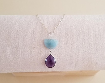 Sterling Silver Aquamarine and Amethyst Necklace, Half Moon Teardrop Pendant, Boho Celestial Jewelry