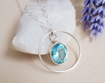 Blue Topaz Necklace, Sterling Silver Circle Necklace, Blue Topaz Pendant, Gemstone Necklace, Gift for Her, Blue Stone Necklace