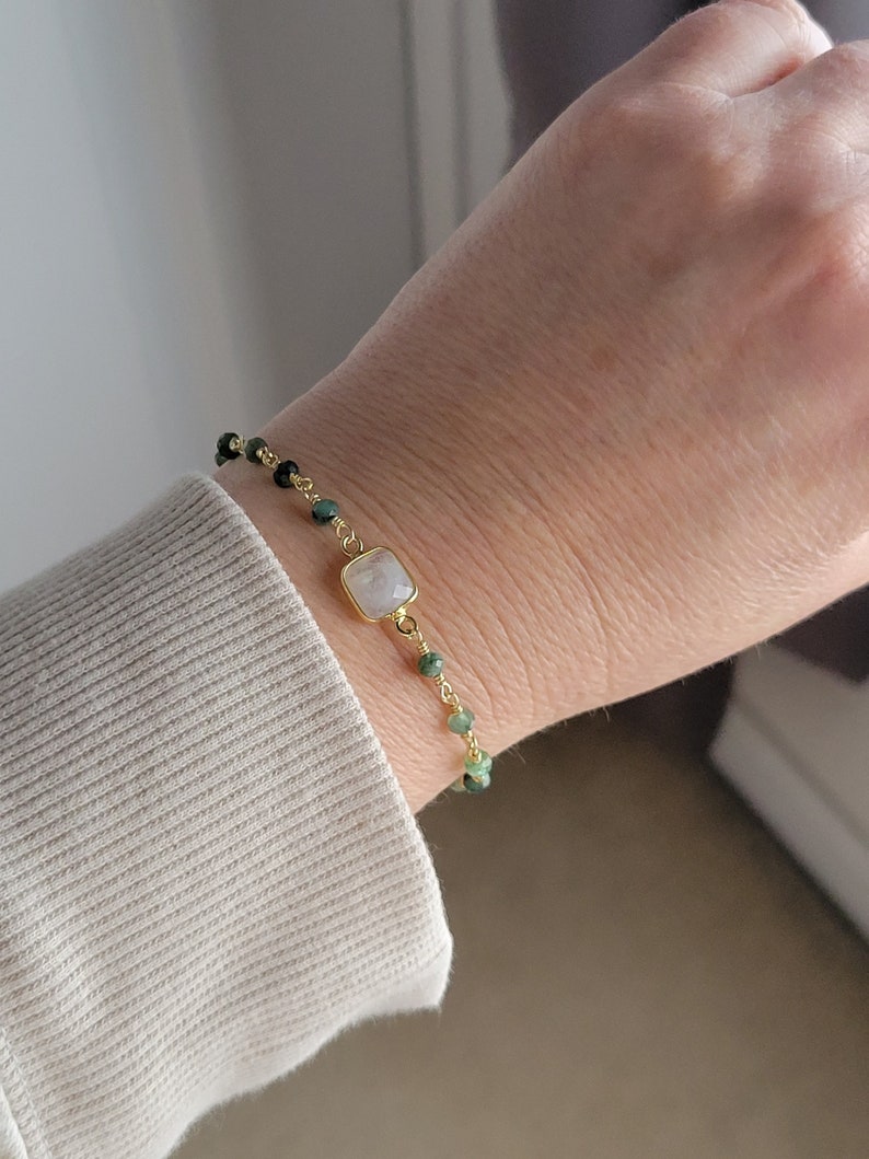 Dainty Emerald Bracelet, Moonstone Bracelet, Boho Beaded Bracelet, Gift for Her