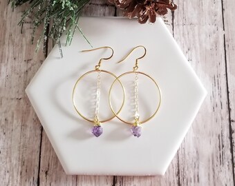 Raw Crystal Earrings, Boho Hoop Earrings, Amethyst Hoops, Gold Hoop Earrings, Everyday Statement Earring, Bohemian Jewelry,  Boho Bridesmaid