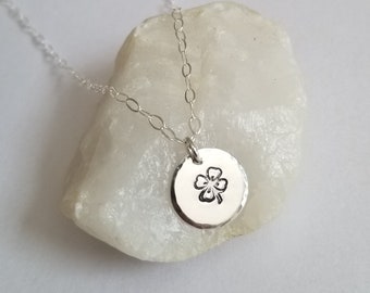 Four Leaf Clover Necklace, Dainty Disc Necklace, Shamrock, Birthday Gift Idea, Lucky Charm Necklace, Luck of the Irish, Good Luck Symbol