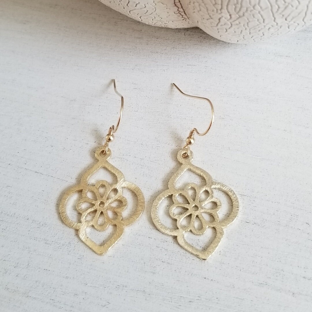 Gold Earrings Brushed Gold Flower Earrings Gift for Her | Etsy