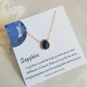 Raw Sapphire Necklace, Gold Sapphire Necklace, Sapphire Teardrop Pendant, September Birthstone, Gift for Her, Layering Necklace