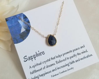 Raw Sapphire Necklace, Gold Sapphire Necklace, Sapphire Teardrop Pendant, September Birthstone, Gift for Her, Layering Necklace