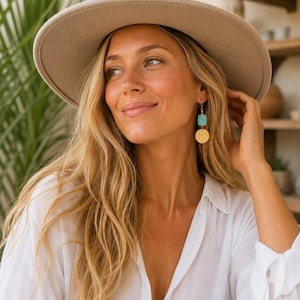 Turquoise Earrings, Gold Turquoise Dangle Earrings, Gold Hammered Earrings, Turquoise Jewelry, Handmade Turquoise Drop Earrings,Gift for Her image 3