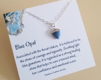 Blue Opal Necklace, Dainty Opal Pendant, Small Stone Necklace, Throat Chakra Necklace, Healing Crystal Jewelry, Gift for Her, Opal Jewelry