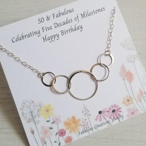 50th Birthday Gift for Her, Sterling Silver Five Ring Necklace, Gift for Sister, Five Decades, Circle of Life Necklace
