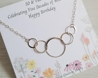 50th Birthday Gift for Her, Sterling Silver Five Ring Necklace, Gift for Sister, Five Decades, Circle of Life Necklace