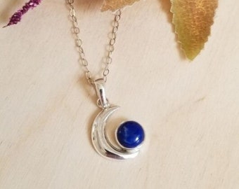 Lapis Lazuli Moon Necklace, Sterling Silver Gemstone Pendant, Boho Style Jewelry, Birthday Gift for Her, Crescent Moon Necklace