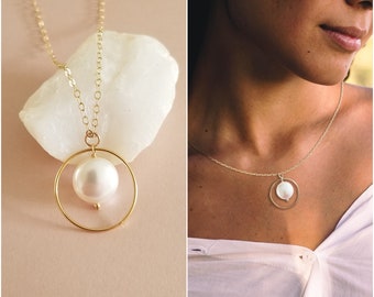Coin Pearl Necklace, Pearl Pendant Necklace, June Birthstone, Sterling Silver or Gold Filled Pearl Necklace, Wedding Jewelry, Gift for Her