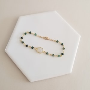 Beaded Emerald Bracelet, Gold Moonstone Bracelet, Dainty Gemstone Bracelet, Gift for Mom, May Birthstone