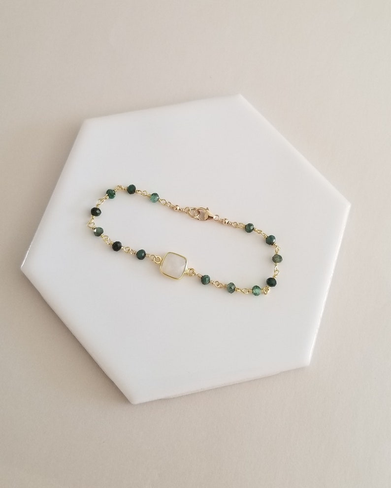 Beaded Emerald Bracelet, Gold Moonstone Bracelet, Dainty Gemstone Bracelet, Gift for Mom, May Birthstone