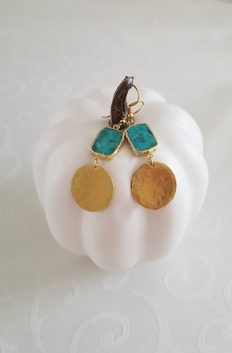 Turquoise Earrings, Gold Turquoise Dangle Earrings, Gold Hammered Earrings, Turquoise Jewelry, Handmade Turquoise Drop Earrings, Bohemian Dangle Earrings