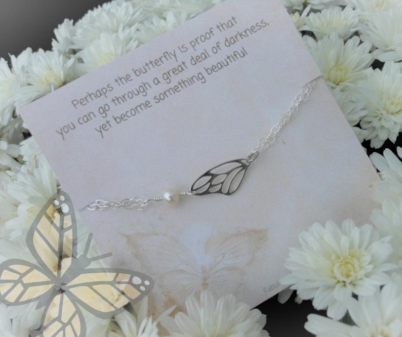 Inspirational Jewelry Sister Gift Silver Wing and Pearl Bracelet Dainty Silver Bracelet Butterfly Wing Bracelet Birthday Gift
