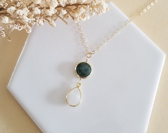 Gold Emerald and Moonstone Pendant Necklace, Dainty Statement Necklace, Holiday Gift for Her, May Birthstone, Emerald Jewelry for Women