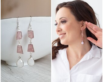 Moonstone Earrings, Strawberry Quartz Dangle Earrings, Long Gemstone Earrings, Statement Earrings, Gem Drop Earrings, Pink Stone Earrings