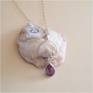 Lotus Flower Necklace Sterling Silver, Amethyst Pendant Necklace, Inspirational Gift, Lotus Necklace with Amethyst Teardrop, Silver Lotus