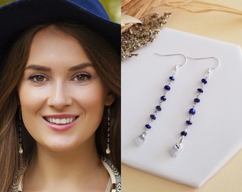 Lapis Lazuli Earrings for Women, Long Beaded Lapis Earrings with Raw Moonstone, Boho Dangle Earrings, Gift for Her, Moonstone Earrings