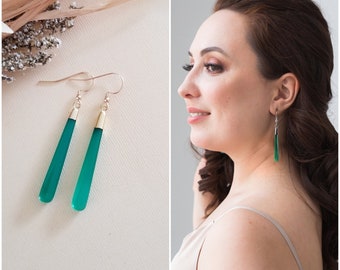 Green Onyx Earrings, Gemstone Bar Earrings, Green Dangle Earrings, Earrings with Healing Crystal Energies, Long Onyx Earrings, Gift for Her