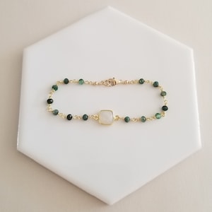 Emerald and Moonstone Bracelet, Boho Beaded Bracelet, Dainty Emerald Bracelet, Rosary Chain Bracelet, Raw Gemstone Bracelet, Gift for Her image 5