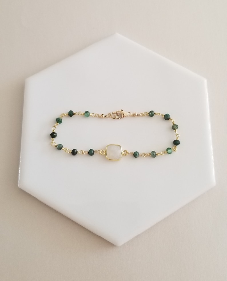 Emerald and Moonstone Bracelet, Boho Beaded Bracelet, Dainty Emerald Bracelet, Rosary Chain Bracelet, Raw Gemstone Bracelet, Gift for Her image 5