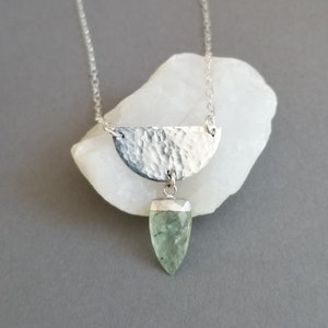 Hammered Half Moon Necklace, Prehnite Gemstone Pendant Necklace, Edgy Boho Necklace, One of a Kind, Sterling Silver Semi Circle Necklace
