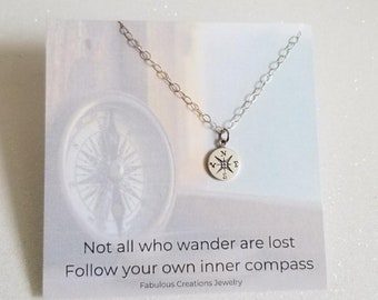 Dainty Compass Necklace, Graduation Gift for Her, Delicate Silver Charm Necklace, Not All Who Wander Are Lost, Gift for Best Friend