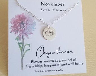 November Birth Flower Necklace, Flower Charm Necklace, Dainty Coin Necklace, Birth Flower Jewelry, Gift for Her, Hand Stamped Necklace