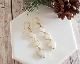 Gold Moonstone Earrings, Rainbow Moonstone Dangle Earrings, Long Gemstone Earrings, Moonstone Jewelry, Statement Earrings, Gift for Her