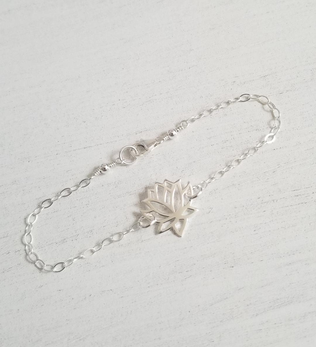 Lotus Flower Bracelet Sterling Silver Dainty Silver Bracelet Etsy